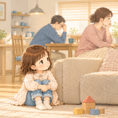 家族の顔色をうかがう子ども（正方形）