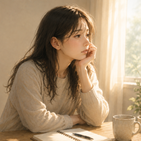 窓辺で考え込む女性