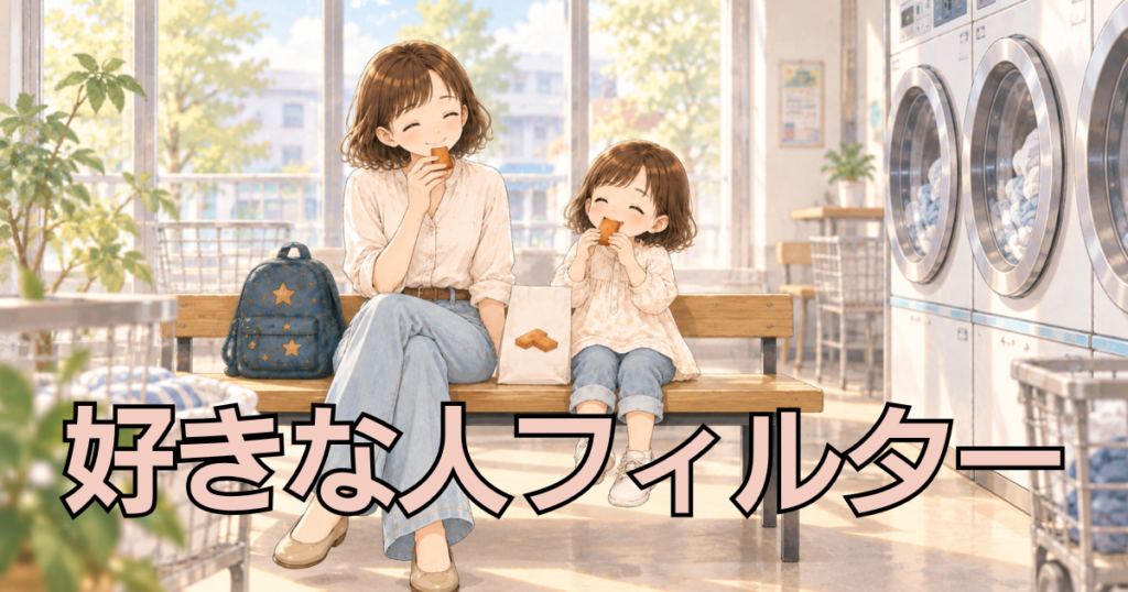 るいコインランドリーのベンチで、IM（今のわたし）とIC（3歳くらいのわたし）が並んでフィナンシェを食べているイラスト