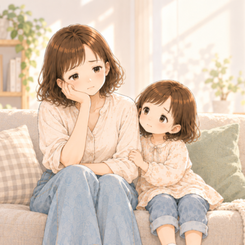 罪悪感によってしあわせを遠ざけてしまう心の状態を表した、女性とインナーチャイルドのアイキャッチイラスト(正方形)