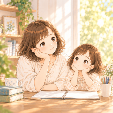 自分軸について考えるIMとICが、明るい室内で並んで過ごしているイラスト(正方形)