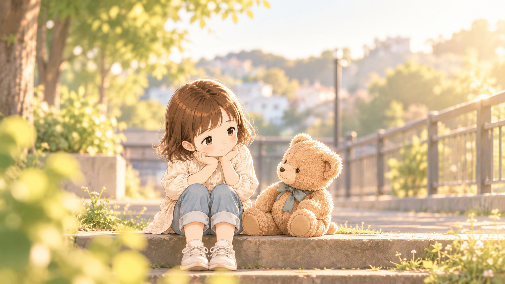 夕方のやわらかな光の中、3歳くらいのインナーチャイルドがクマのぬいぐるみと並んで座り、穏やかに見つめ合っているイラスト。